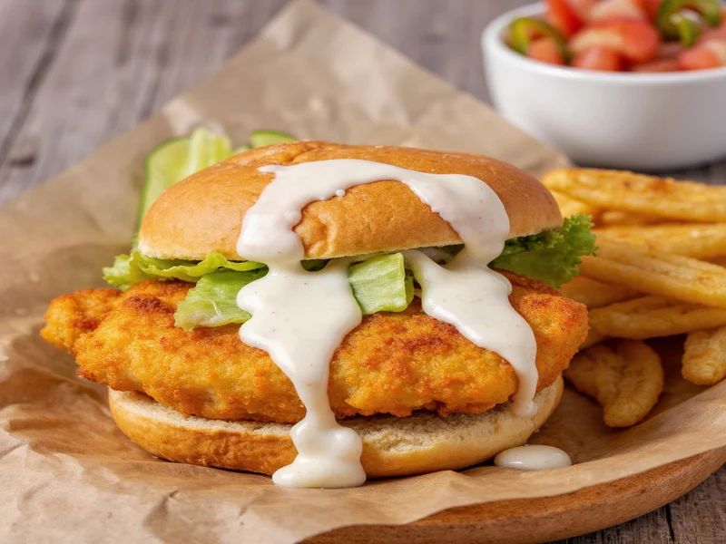 Homemade tartar sauce drizzled over crispy fish sandwich