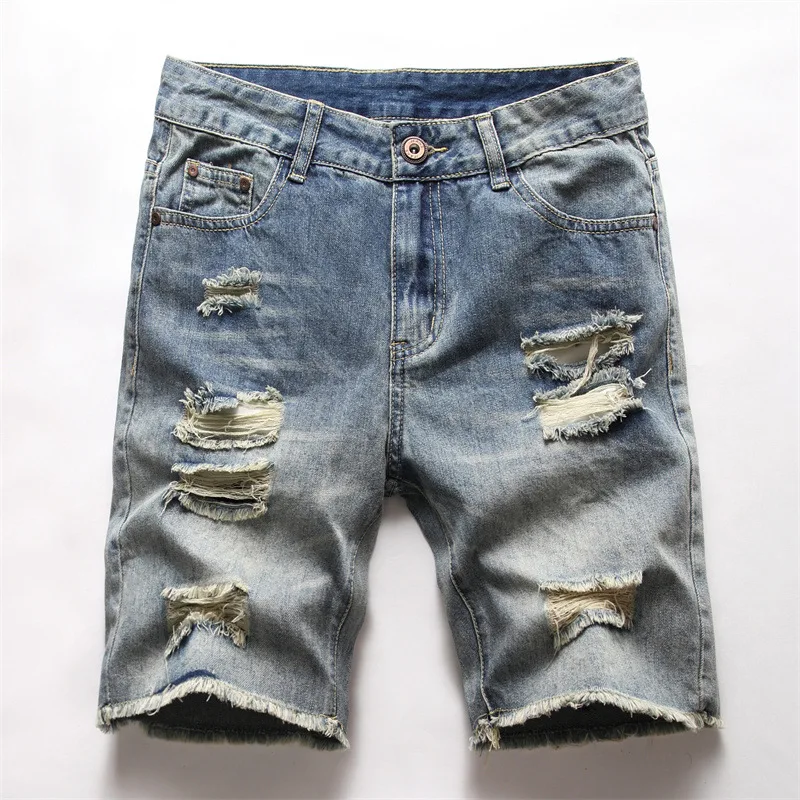 

Men's Retro Hole Denim Shorts Straight pants loose plus size middle pants men's thin ripped shorts Korean Knee Length Denim