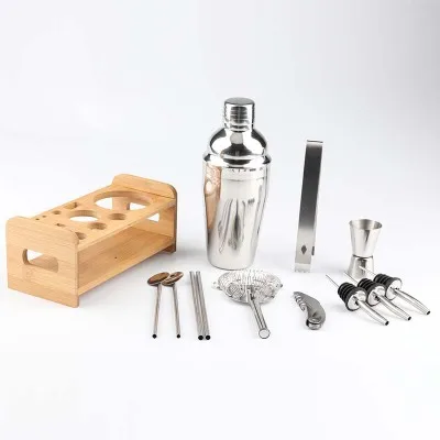 

Bartender kit bar 750ml mixology tool set and stainless steel cocktail shaker set with stylish bamboo wooden stand base