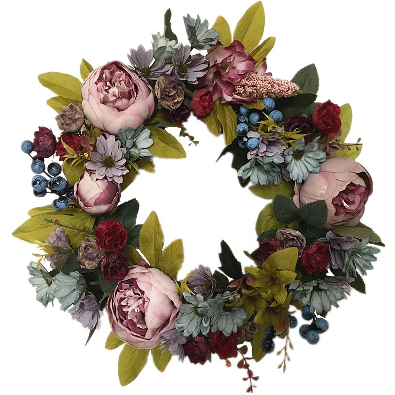 

Door wreath 15" the peony flower wreaths for front door inside outside spring halloween Christmas Wedding Wall Home Decor., Pink,purple, red, fuschia, brown