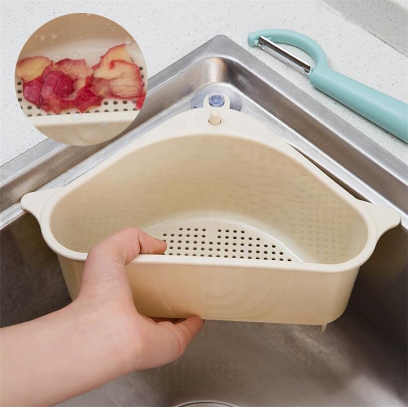 

Kitchen shelf cleaning cloth sink drain rack hanging basket triangle storage triangular plastic vegetable sink basket strainer, Blue, beige, gray