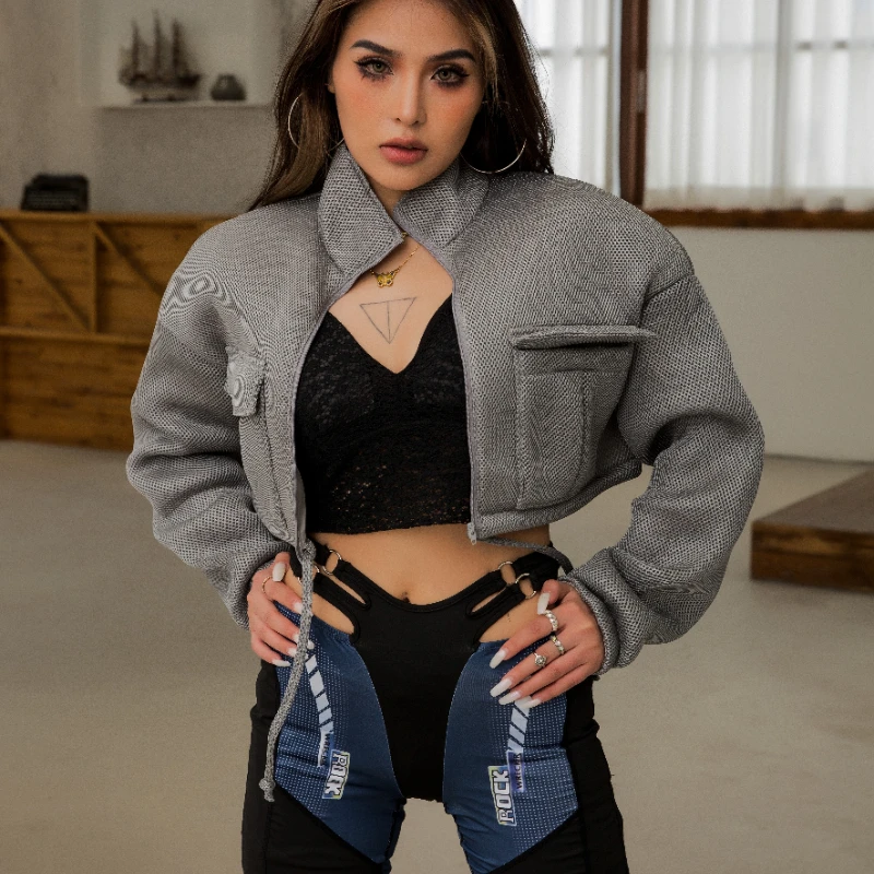 

Kliou K20L10517 New Arrival Sense Of Future Mesh Autumn Winter Zipper Solid Pocket Coats And Jackets Women