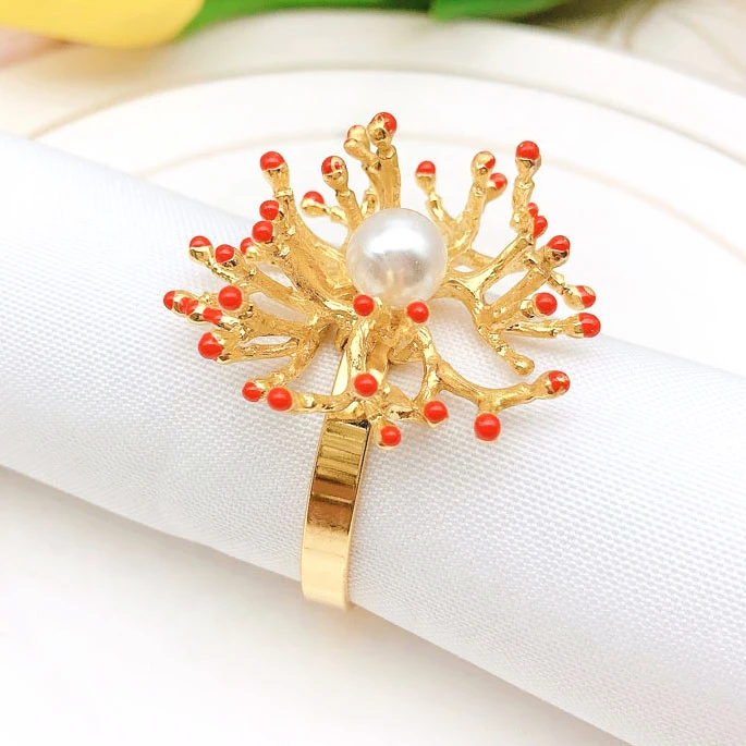 

Red Coral Napkin Ring Gold Metal Napkin Rings Holder Pearl Wedding Napkin Rings Coral HWP06