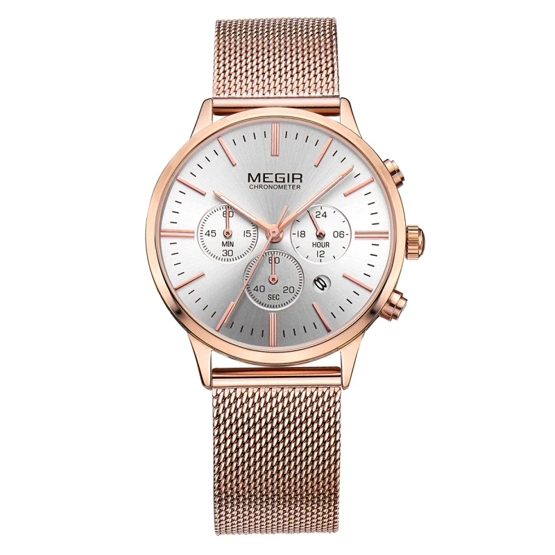 

Megir 2011M Ladies Multi-functional Fashion Water Resistant Chronograph Quartz Watch Rose gold mesh bracelet montre femme