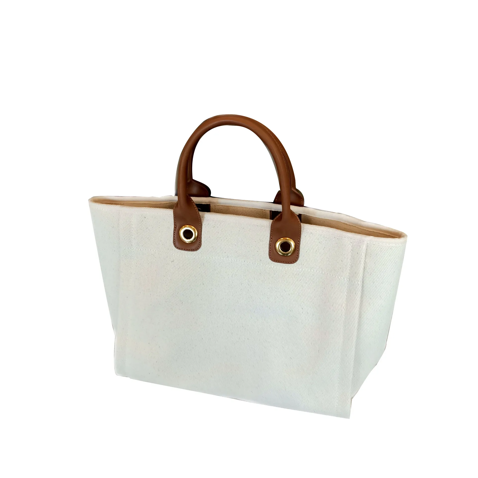 

Wholesale Hot Selling Pure Canvas High Quality PU Leather Handle Large Volume Beach and Tool Hand Bag For Female, White