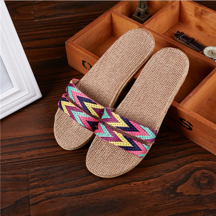 

Unisex Home Slippers Flax Men and Women House Slipper Open-Toe Breathable, Yellow pink purple, pink purple orange, orange purple red,