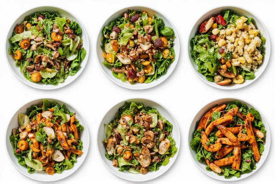 Various salad bowls featuring different applications of ginger vinaigrette on mixed greens, grilled vegetables, and protein dishes