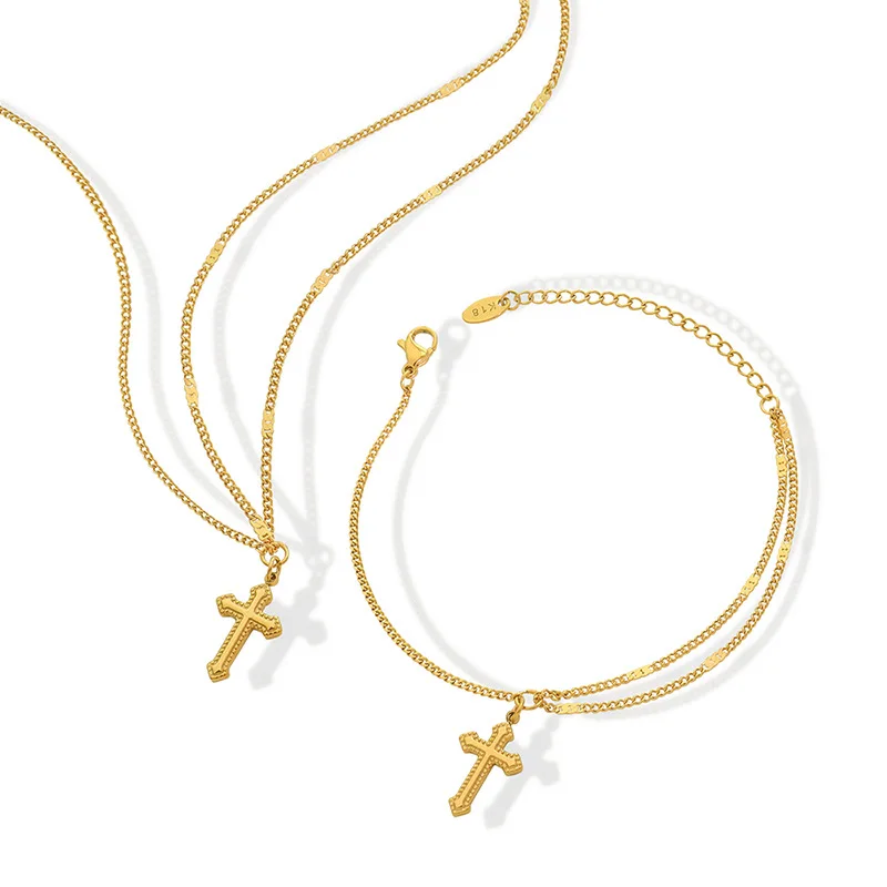 

Classic Retro Stainless Steel 18K Gold Plated Cross Pendant Necklace Bracelet Set Jewelry Popular Tarnish Free Hypoallergenic
