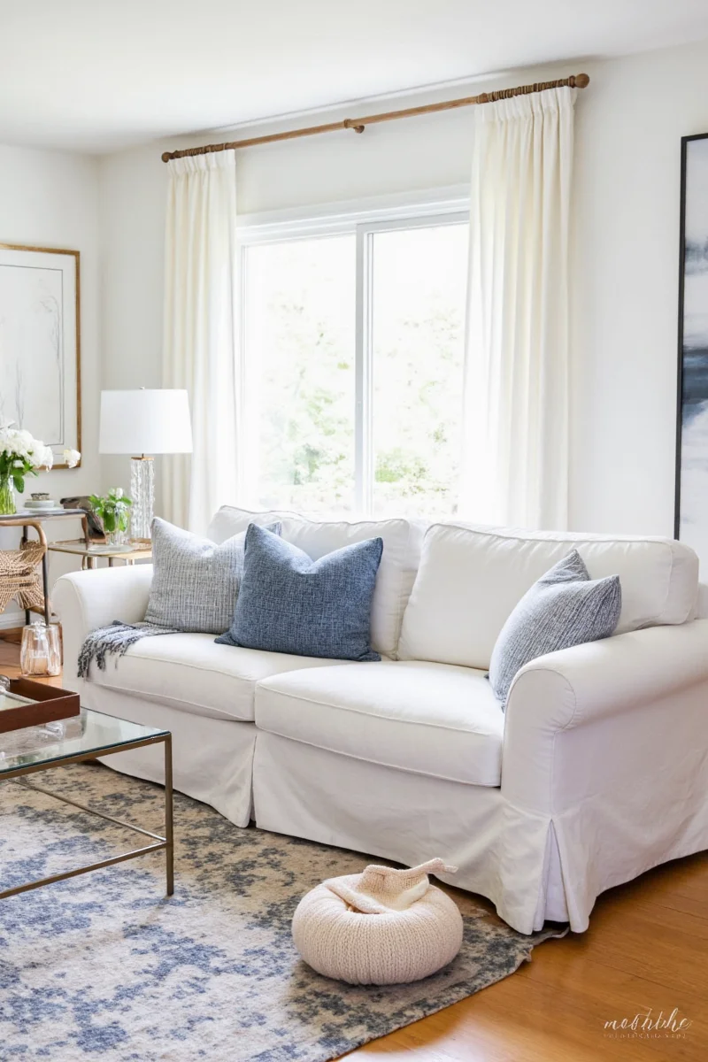 Pottery Barn Slipcover Sofa in a cozy family room