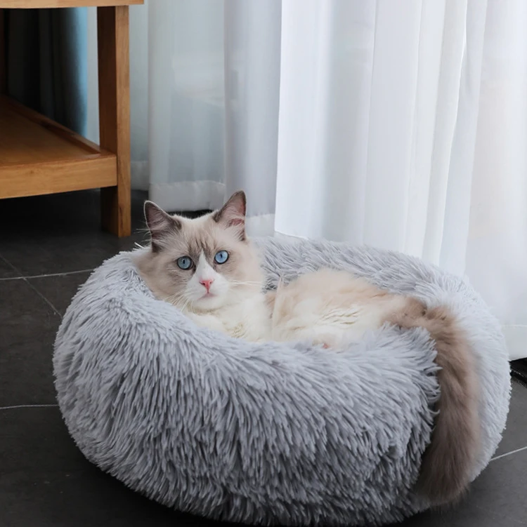 

Donut Cat Bed Plush Faux Fur Dog Beds Cats Comfortable Warm Deep Sleep Pet Nest, Purple, pink, apricot, red, grey, brown,