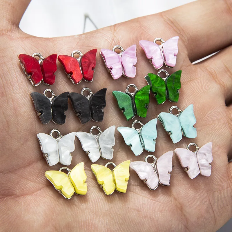 

Hot Selling Wholesale Silver Plated Acrylic Butterfly Pendant Jewelry Making Necklace Earrings Accessories Jewelry Findings, Red/green/black/purple/pink/white/light blue/yellow