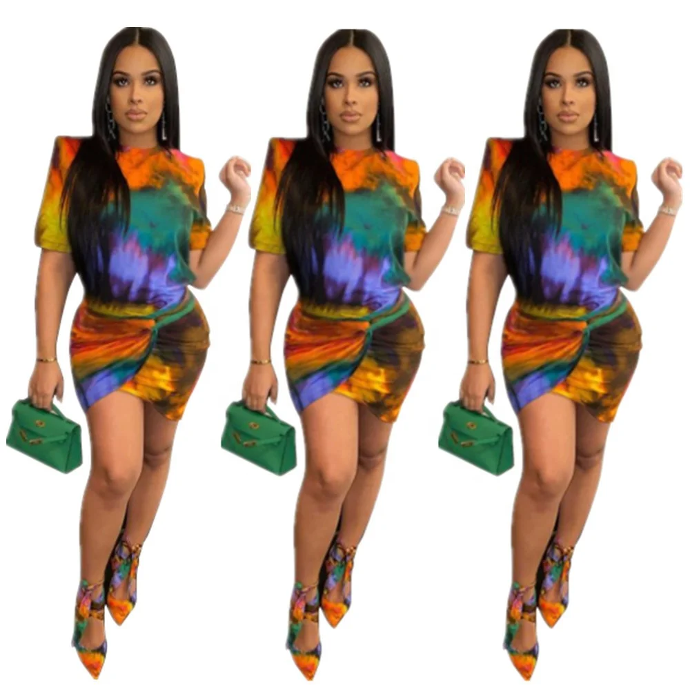 

MT369-2018 2021 summer European and American women's printed tie-dye irregular tie round neck skirt female dress