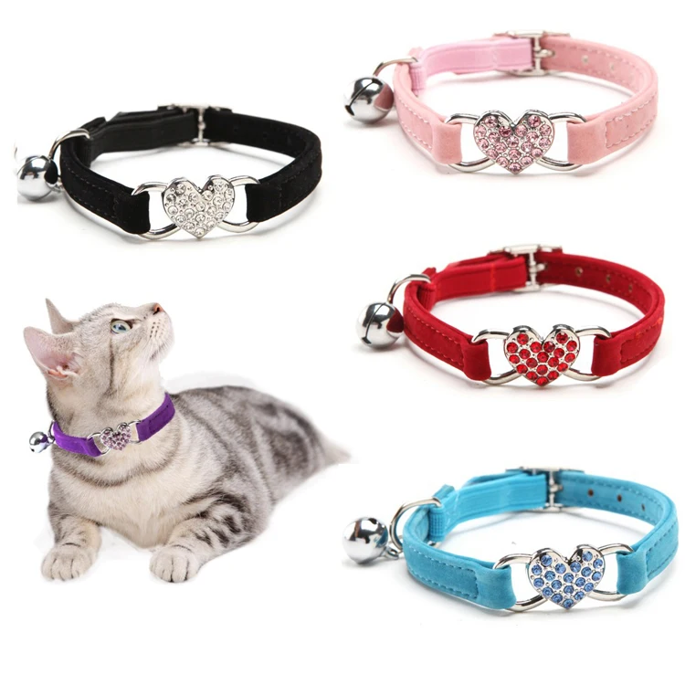 

Luxury Diamond Heart Pattern Cat Collar Soft Suede Elastic Pet Dog Cat Collar Pet Accessories Breakaway Cat Collars with Bell