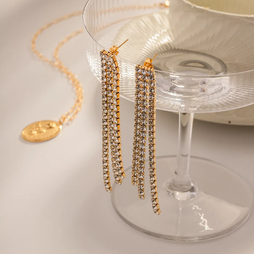 

Luxury Party Jewelry Long Size Diamond Tassel Earrings For Women Stocks Sale PVD 18K Gold Plated Stainless Steel Earring