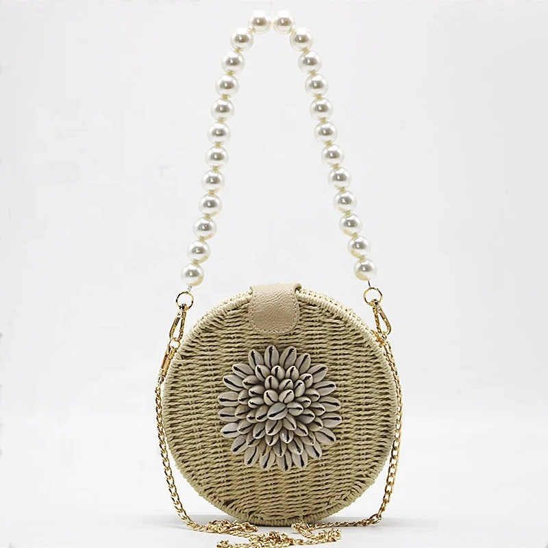 

summer beach bag straw chain pearl bag handmade women handbag crossbody shoulder bag new fashion round lady bohemian shell, Customizable
