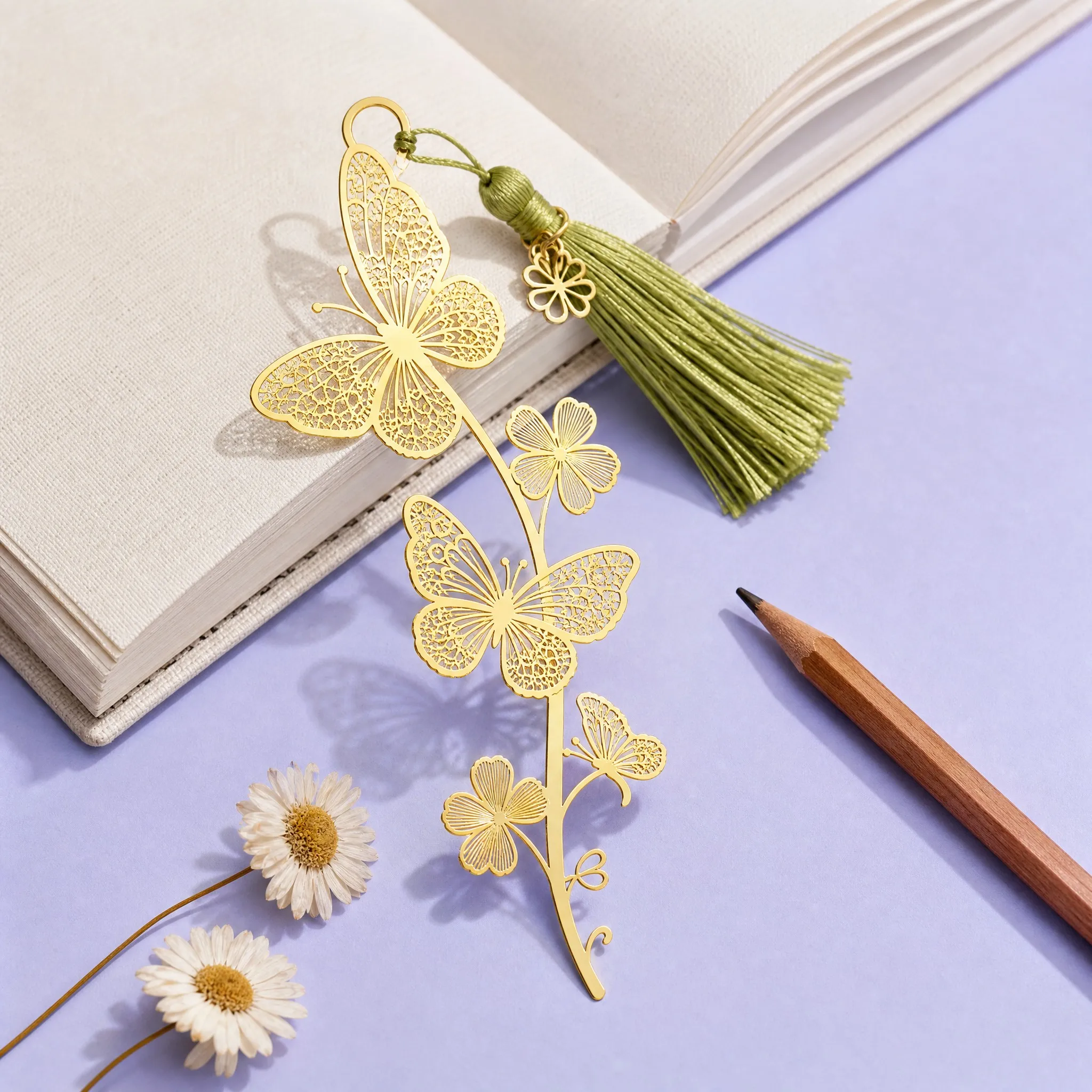 Custom Butterfly Vine Branch Gold Filigree Bookmark with Green Silk Tassel and Mini Charm