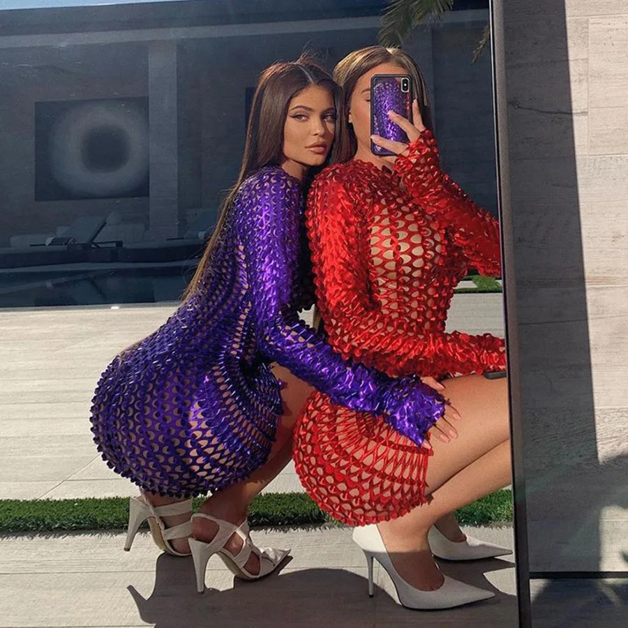 

Sexy Hollow-out Long Sleeve Dress See-through Crisscross Night Party Club Pub Butt-hugging Mini Dress New O-neck Bodycon Vestido