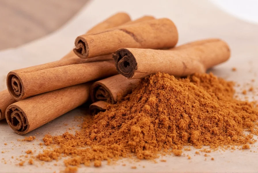 Close-up of Saigon cinnamon sticks showing their distinctive thick, rolled bark structure