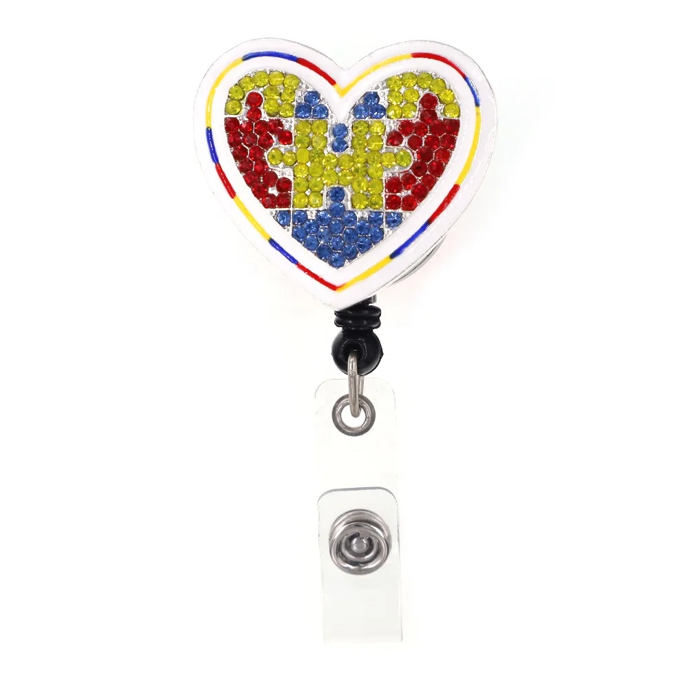 

Free Shipping Heart Autism Rhinestone Retractable Reel Badge Holder, Various, as your choice