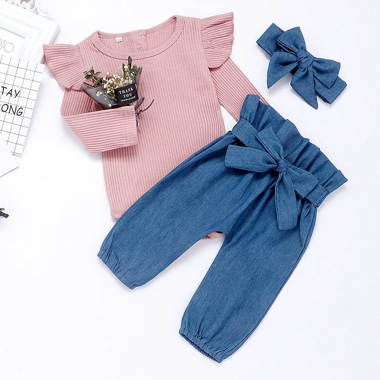 

Full Long Flutter Sleeve Ribbed Cotton Romper With High Waist Denim Bow Pants Girls Romper Set Cheap Baby Ribbed Two Piece Set, Peach/ blue