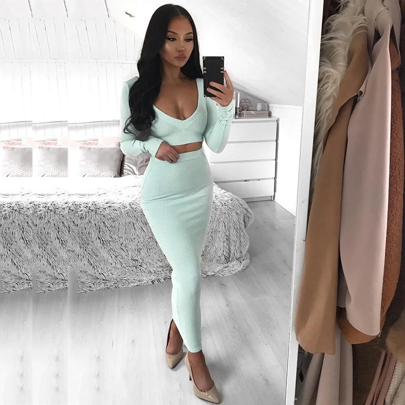 

Amazon INS Hot Sale Long Sleeve Solid Stripe Crop Top High Waist Bag Hip Skinny Skirt Two Piece Set