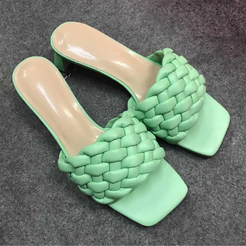 

Goxeou Hot Sale Ladies Mules Women Sandals Slides Heeled Slippers Braided Custom Logo Sexy Fashion Woven Shoes Wholesale Factory