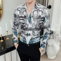 

New Fashion Men Spring Autumn Korean Retro Printing Slim Button Lapel Long Sleeve Business Tops Blouse Casual Shirt