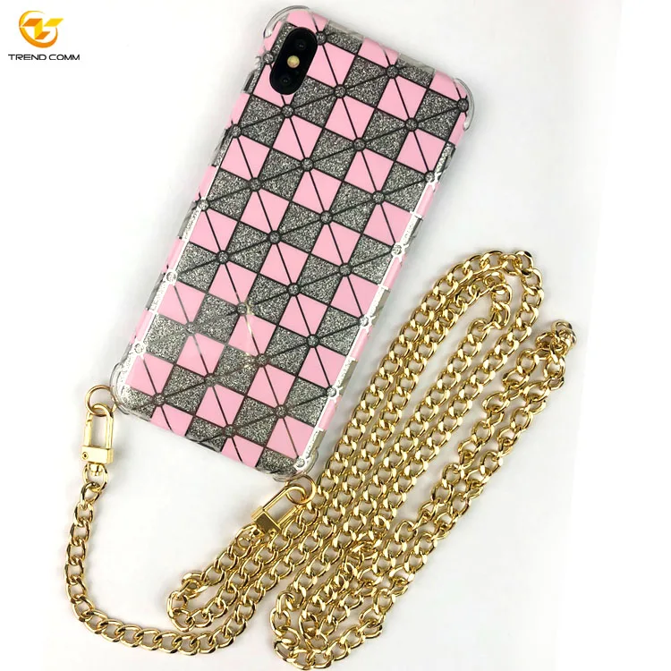 

Metal Chain Strap IMD Print TPU shockproof Phone Case For iPhone Xs Max, Black, blue,pink, red, white