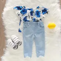 

summer Fashion Girls Clothes Sets Print Off Shoulder T Shirt+Jeans outfits High Quality Kids Clothing Set