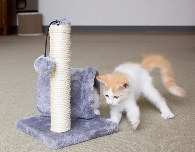 

Manufacturer wholesale short plush grey small sisal cat scratcher with ball toy