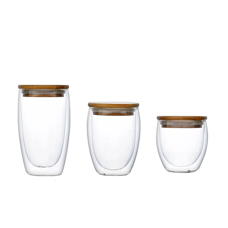 

Hot Sale Glass Cup Handblown Hollow Mugs Tea Coffee Double Wall Glass Cup With Bamboo Lid