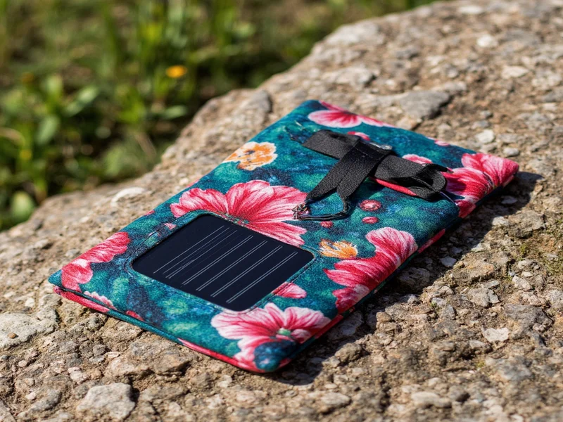 Handmade fabric pouch with integrated solar panel charging device