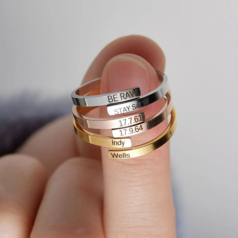 

Hot selling personalized custom stainless steel opening adjustable engraved ring