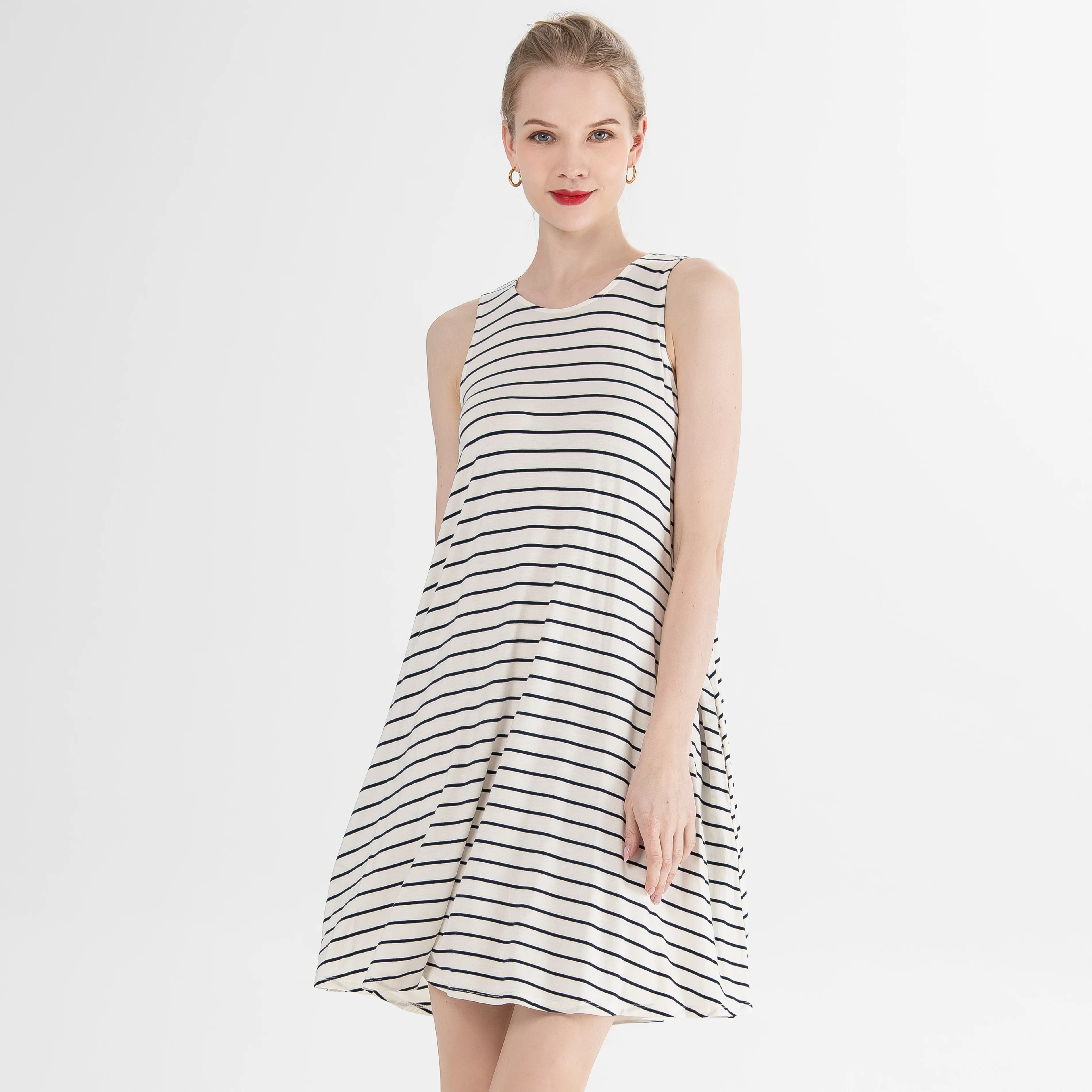 

2021 Summer Women Sleeveless Sexy Knited Round Neck Strips Elegant Casual Lady Dresses