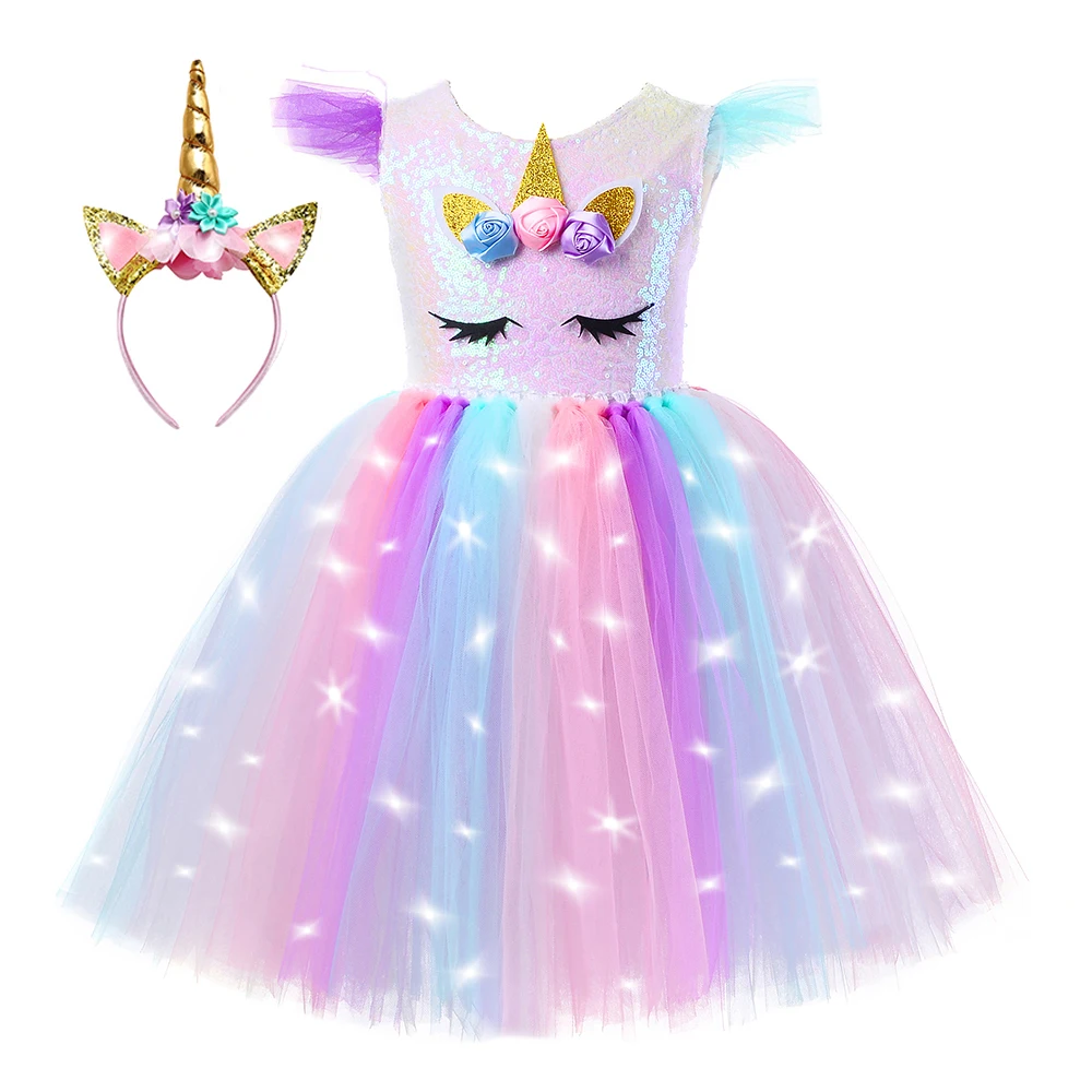 

2022 Fashion Popularity Led Rainbow Kids Costume Cosplay Unicorn Beautiful Dresses For Girls