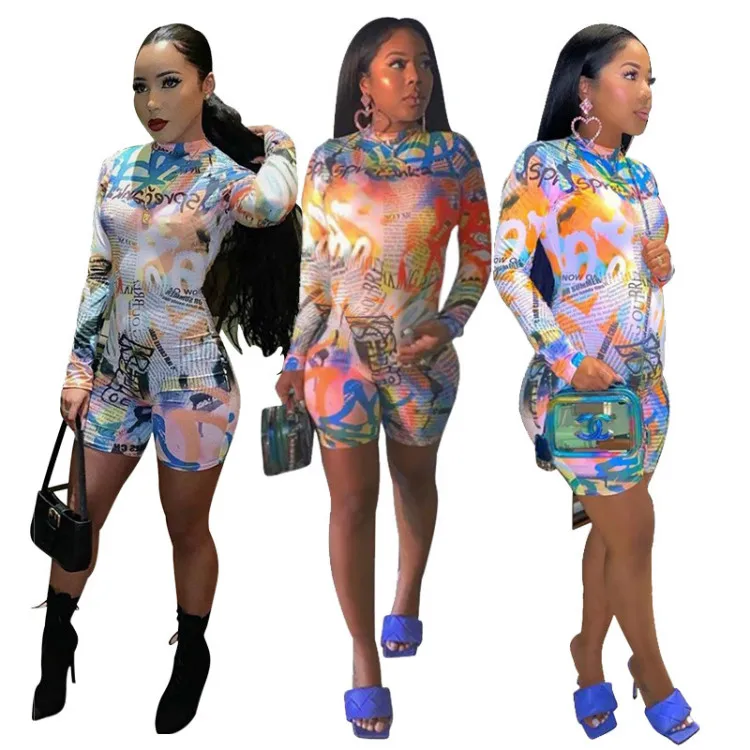 

Short Long Sleeve Print Rompers Women Bodycon Shorts Jumpsuits for Woman