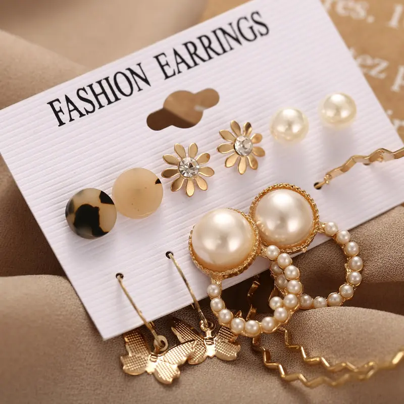 

51626 Acrylic Set Women Big Geometric Round Heart Pearl Rhinestones boucle doreille femme 2021 Earrings