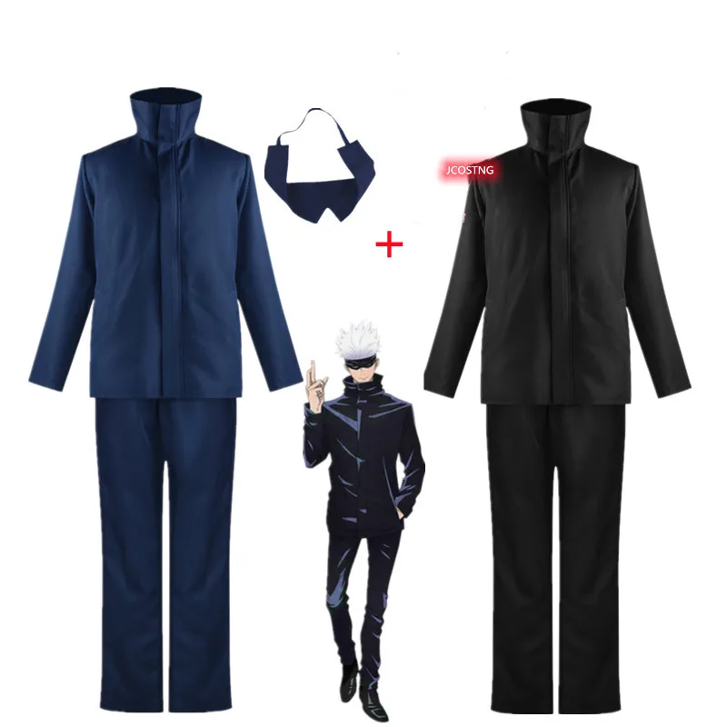 

JCOSTNG Anime Jujutsu Kaisen Gojo Satoru Blue Black Top Pants Eye Mask Halloween Party Cosplay Costume, As picture shown