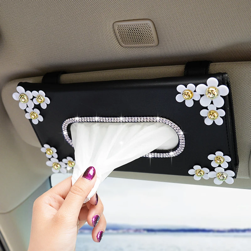 

1 Pcs Car Crystal Paper Box with Chrysanthemum Crystal Tissue Box Case Interior Decoration Accessories for Sun Visor Type, Beige and black