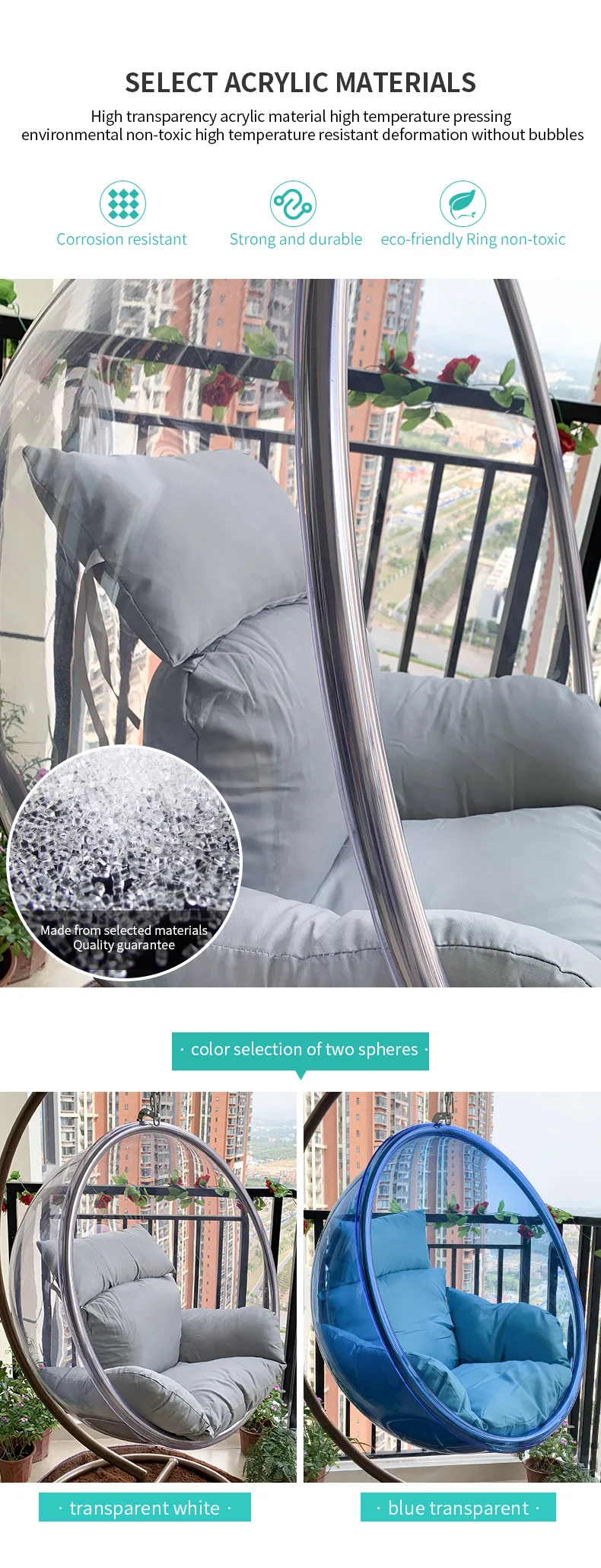 Modern Furniture Hanging Indoor Moon Swing Transparent Bubble Chair Acrylic Ball Bubble Swing
