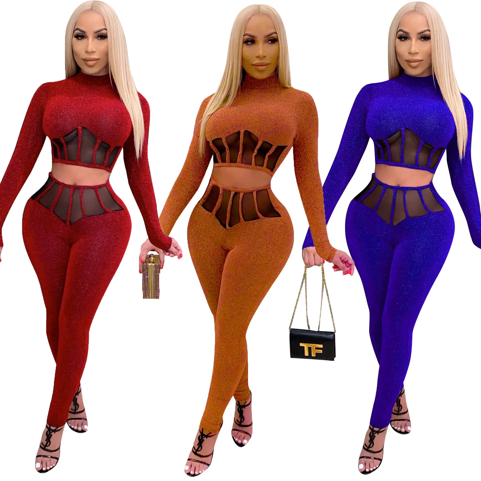 

B63794A High stretch nylon gold cheap mesh skinny sexy slim leisure suit, Wine red/gold/blue