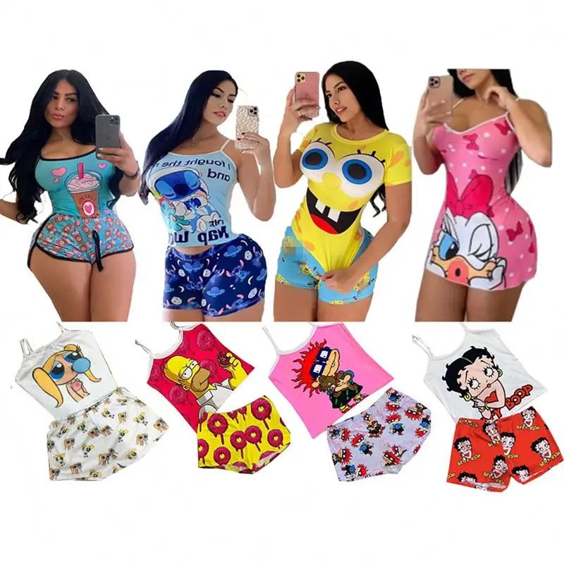 

2021 Autumn Women Sleepwear Silk Pajamas Two Piece Set Tank Top Custom Cartoon Sleep Wear Two Piece Satin Women Sleepwear