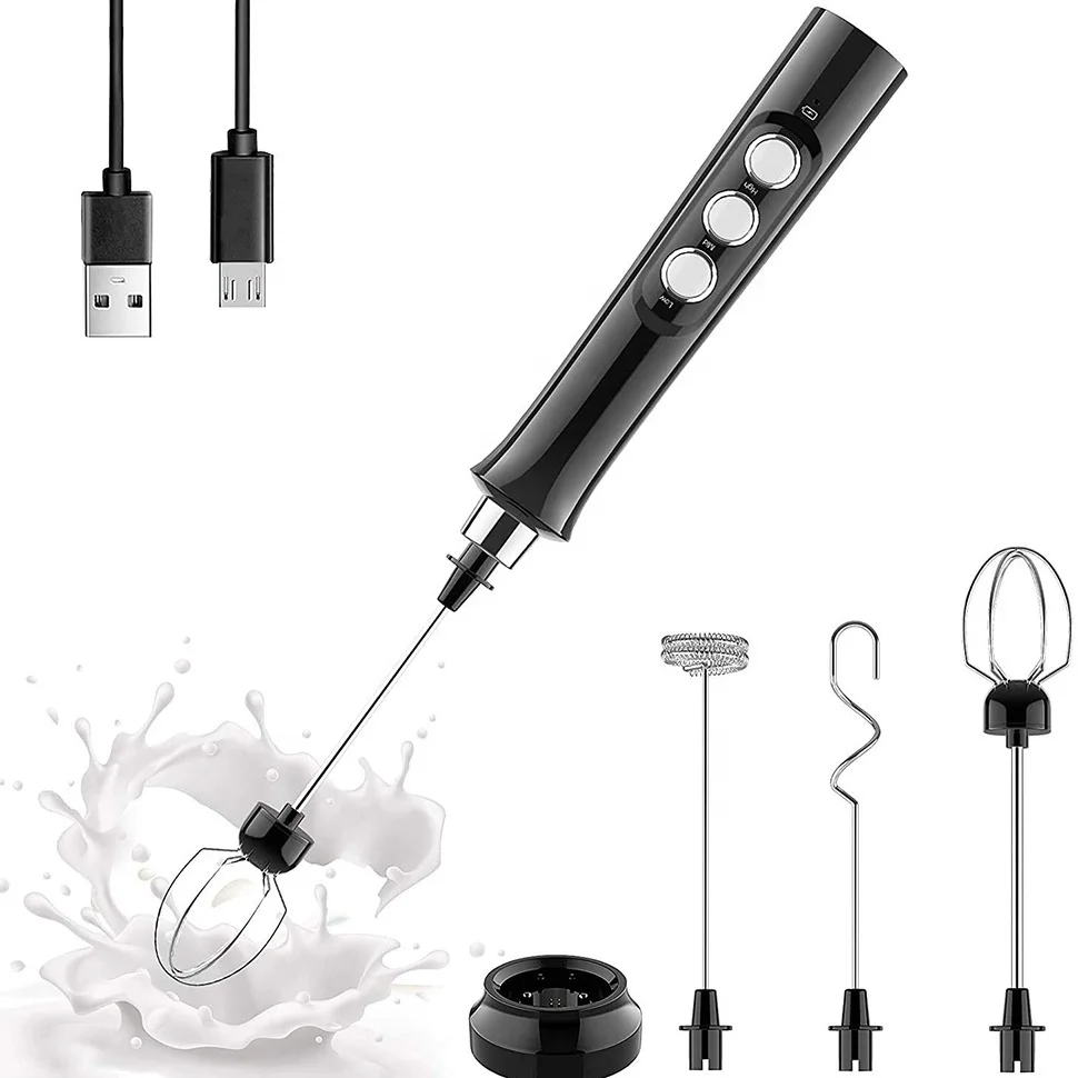 

USB Rechargeable Electric Milk Frother Handheld With 3 Stainless Whisks 3 Speeds Milk Frother For Coffee, White,black