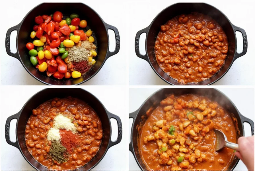Step-by-step preparation of vibrant veggie chili in a cast iron pot with colorful bell peppers, beans, and spices