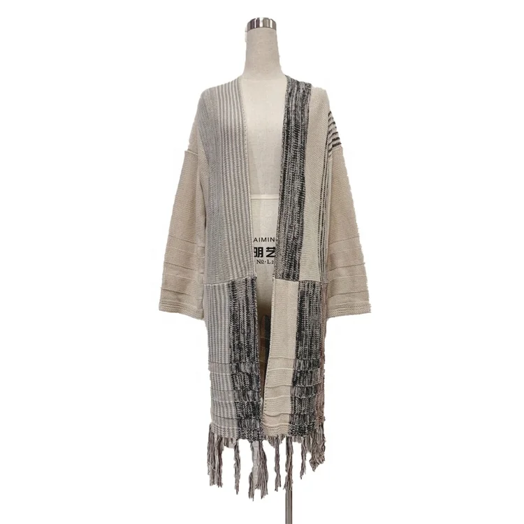 

New hot selling autumn and winter women v-neck tasseled ins patchwork striped cardigan for sale, Picture color