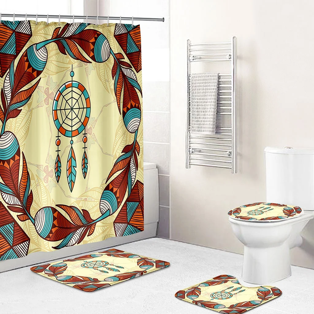 

3D Custom Colorful Dream Catcher Feathers Design 4 Piece Shower Curtains Sets 3D Print Bathroom Sets to Decorate the bathroom, Custom-made
