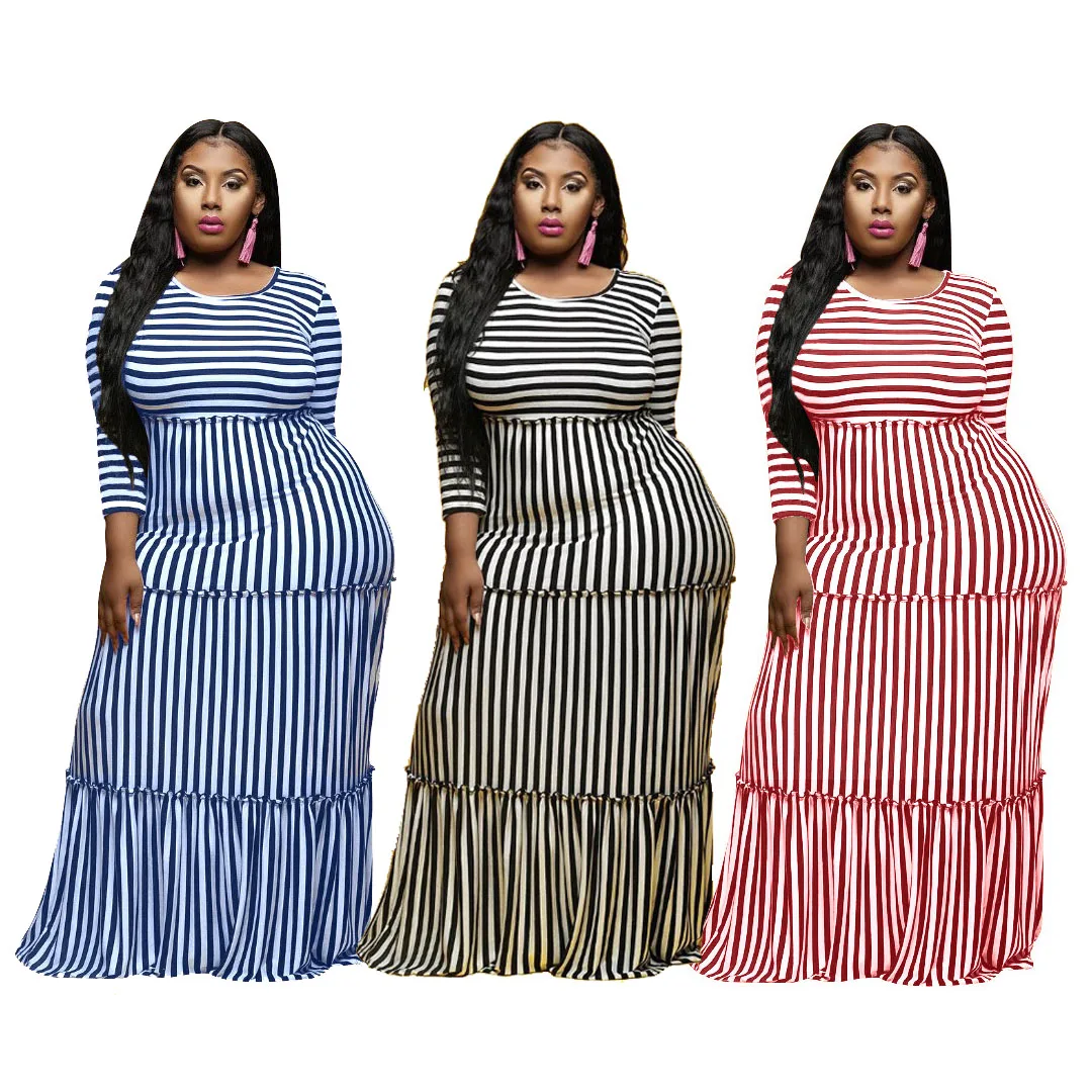 

SAAQ1882 spandex cotton materials three-quarter long sleeves high waist plus size casual women stripe maxi dress, As photo showed