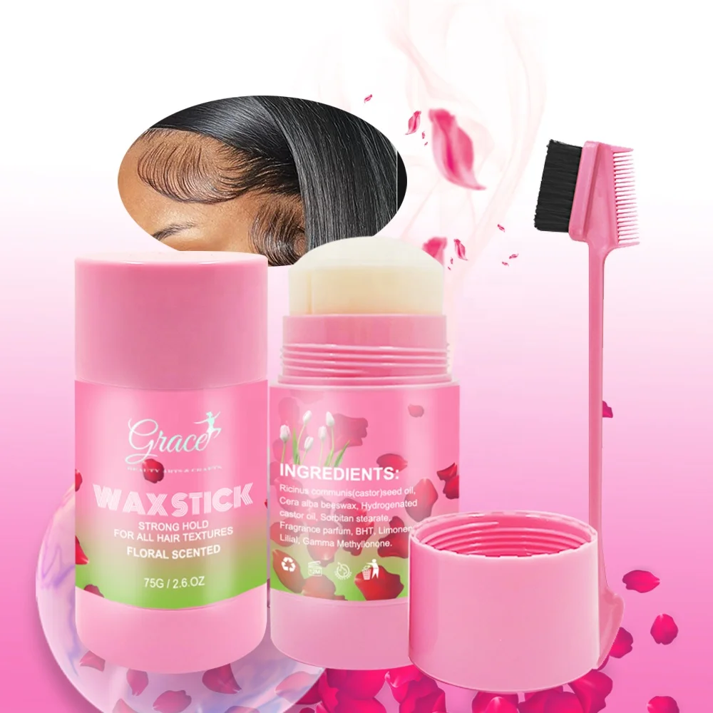 

New Private Label Wholesale Flora Scented Strong Hold Wig Edge Control Frizz Fly Away Balm Pink Hair Wax Stick