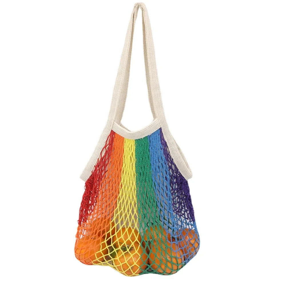 

Seven Colors Rainbow Cotton Mesh Bag Supermarket Vegetable And Fruit Net bag Large Capacity Shopping Bag