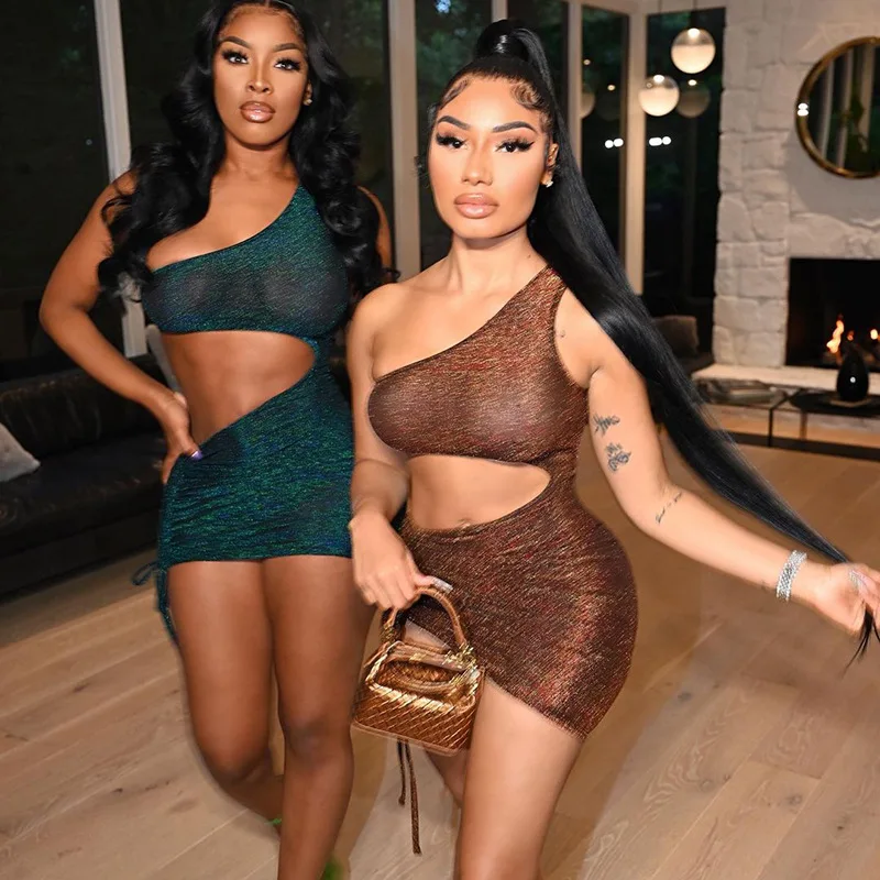 

2021 single shoulder cut out sexy clothes dress for women bodycon mini party dress club wear, Brown/atrovirens